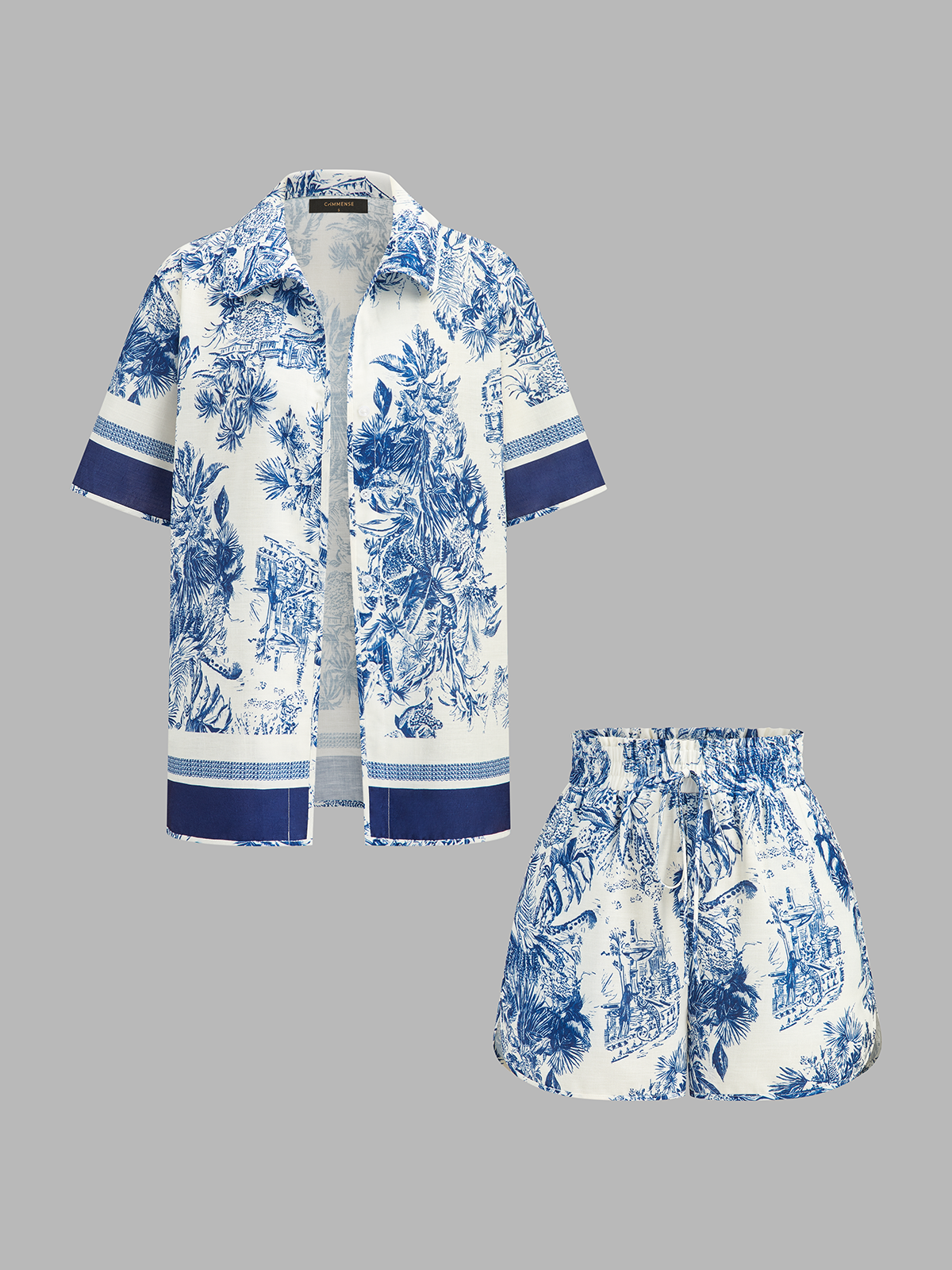 Casual Toile Print Shirt & Shorts Set
