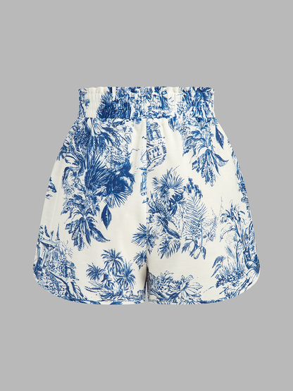 Casual Toile Print Shirt & Shorts Set