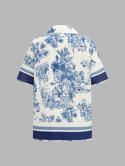 Casual Toile Print Shirt & Shorts Set