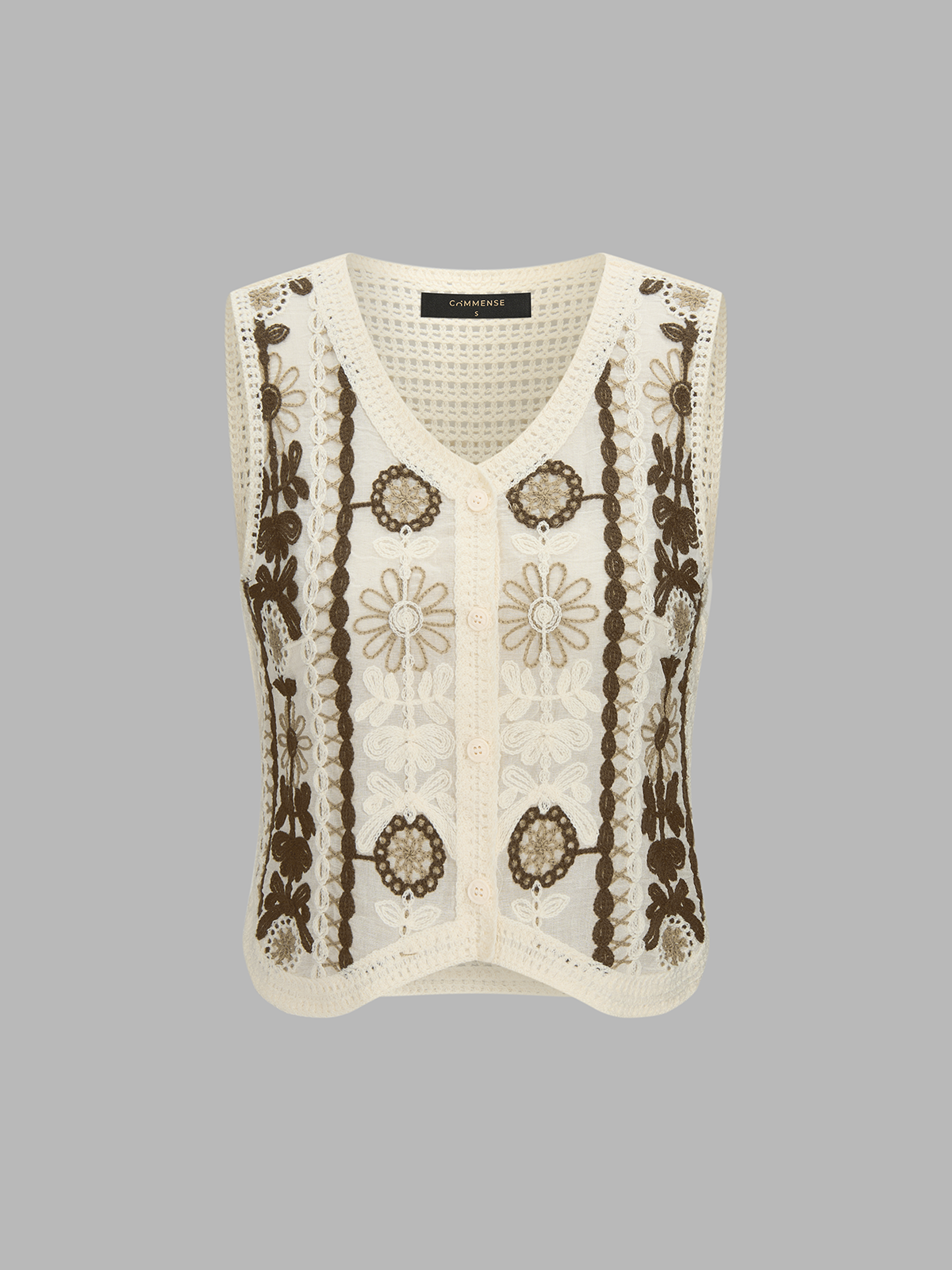 Floral Embroidered Crochet Knit Vest