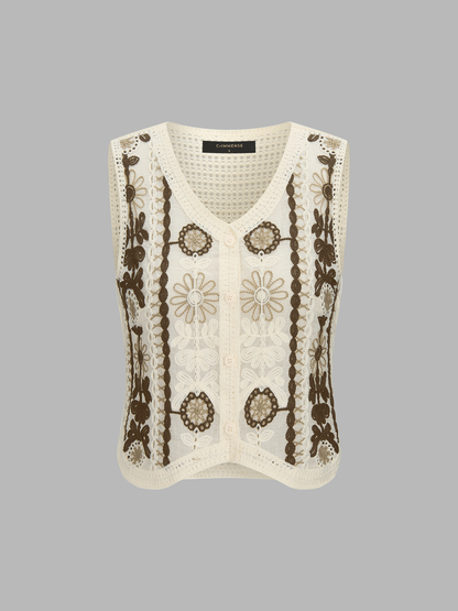 Floral Embroidered Crochet Knit Vest