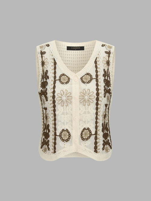 Floral Embroidered Crochet Knit Vest