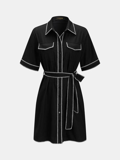 Oversized Contrast Stitch Belted Shirt Dress