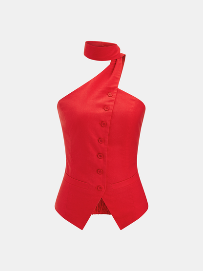 Cotton & Linen Halter Top With Decor Pockets