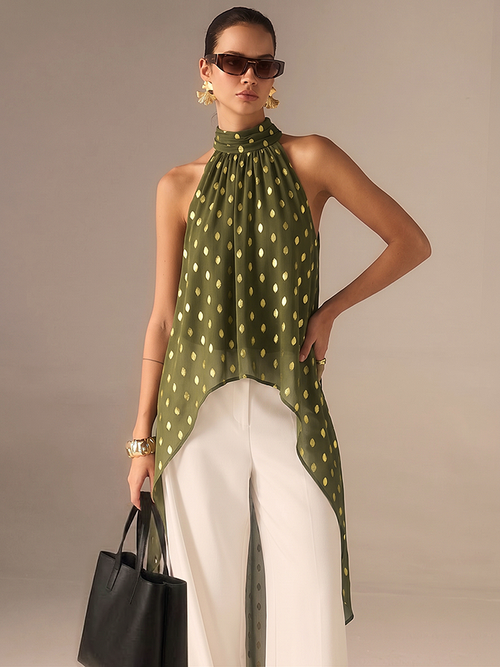 Polka Dot Halter Asymmetrical Blouse