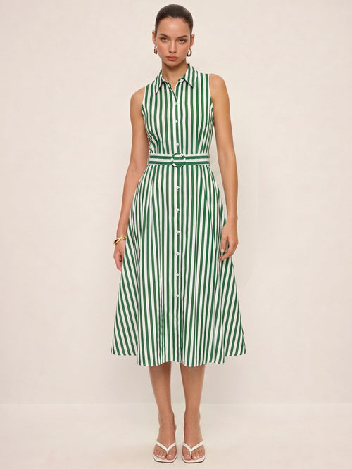 Striped Sleeveless Cotton Belted Midi Dress