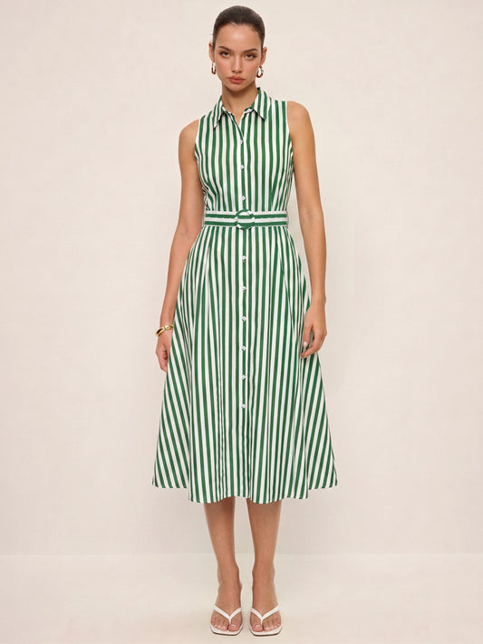 Striped Sleeveless Cotton Belted Midi Dress