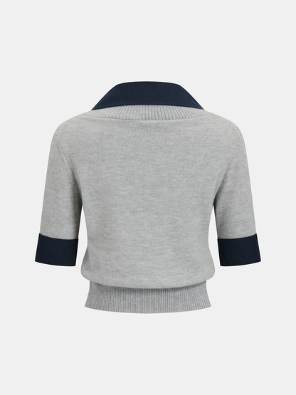 Contrast Collar Elbow Sleeve Knit Top in Premium Fabric