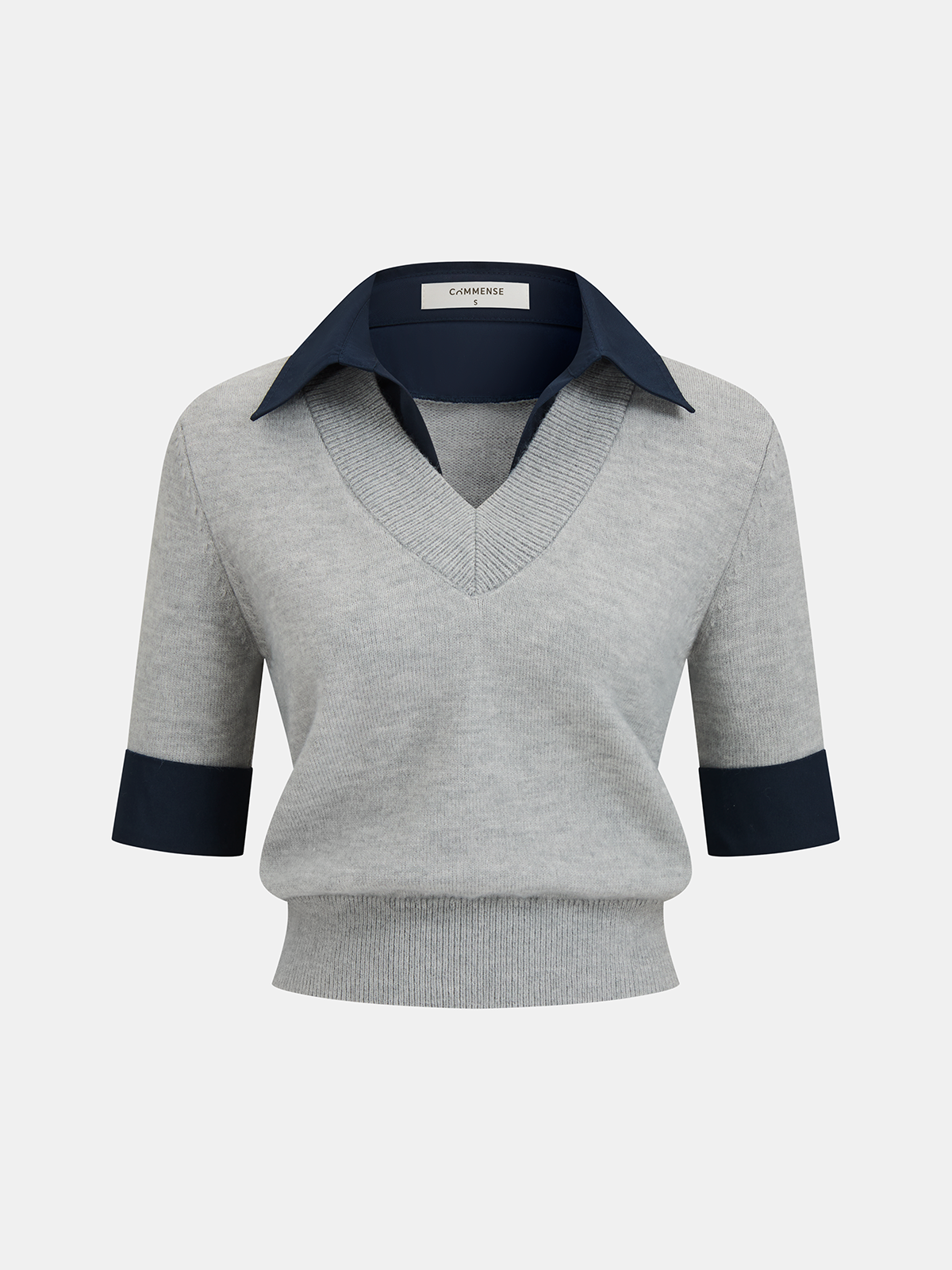 Contrast Collar Elbow Sleeve Knit Top in Premium Fabric