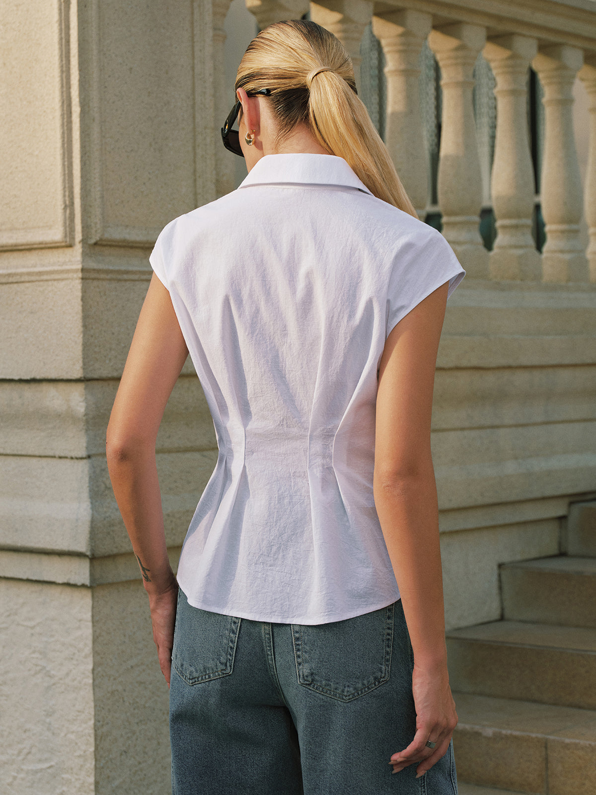 Cotton Sleeveless Cinched Waist Blouse