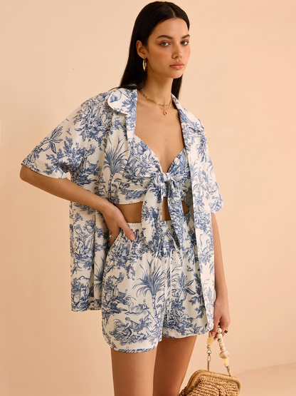 Toile Print Casual Three Piece Shorts Set