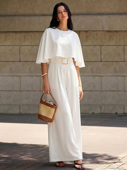 Cape-Sleeve Belted Wide-Leg Jumpsuit