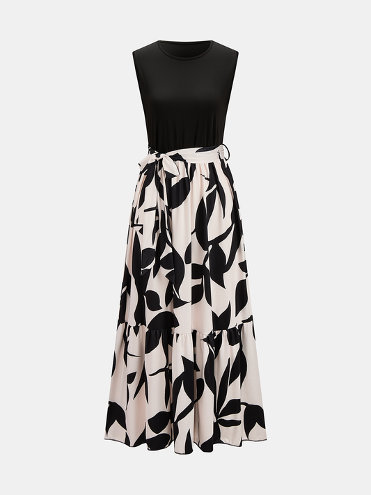 Sleeveless Leaf Print Tie Waist Maxi Dress