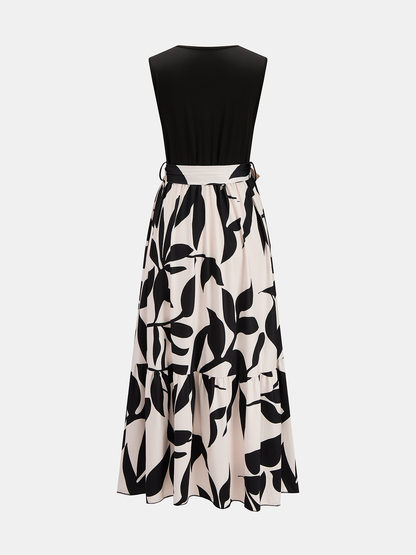 Sleeveless Leaf Print Tie Waist Maxi Dress