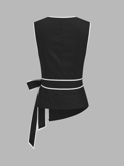 Linen Blend Contrast Trim Tie Waist Blouse