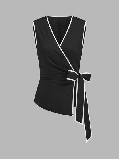 Linen Blend Contrast Trim Tie Waist Blouse