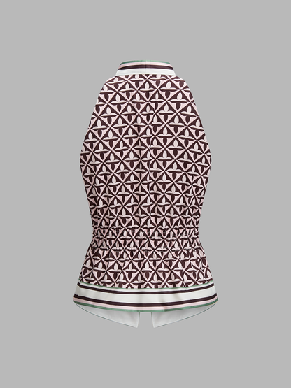 Geometric Print Cinched Waist Satin Top