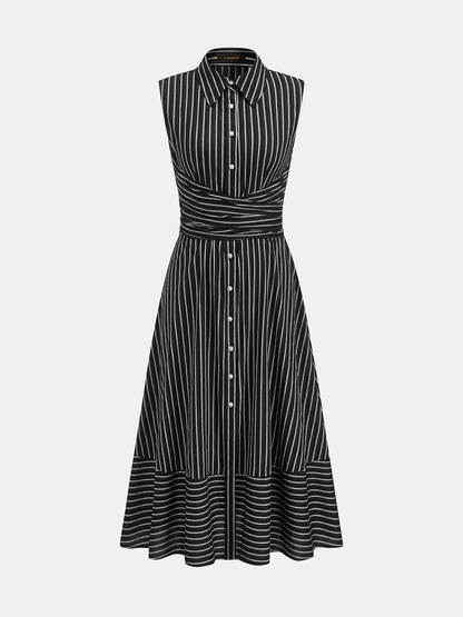 Striped Collared Sleeveless Tie Waist Midi Dress