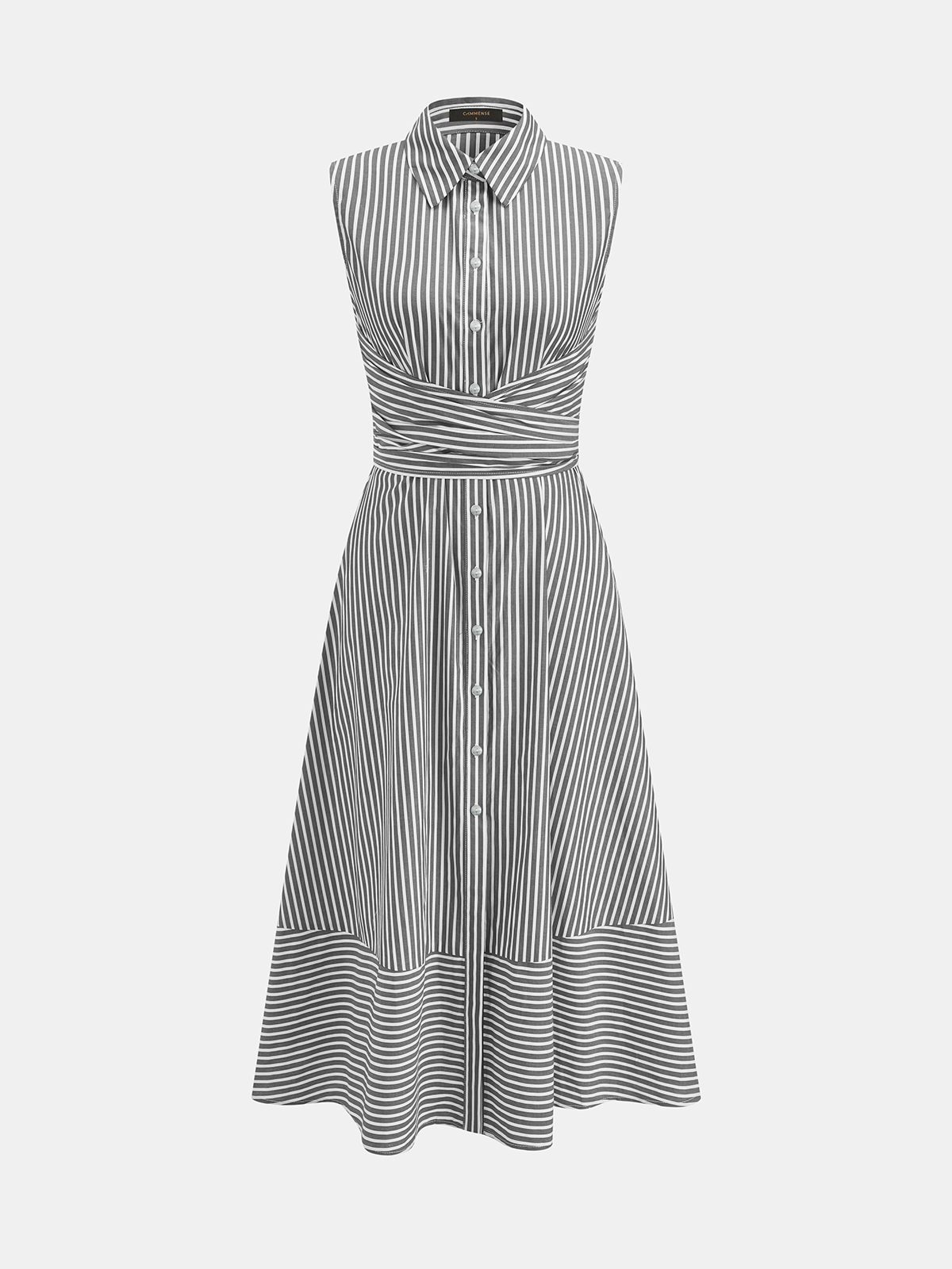 Striped Collared Sleeveless Tie Waist Midi Dress