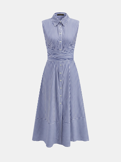 Striped Collared Sleeveless Tie Waist Midi Dress