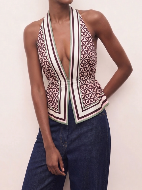 Geometric Print Cinched Waist Satin Top