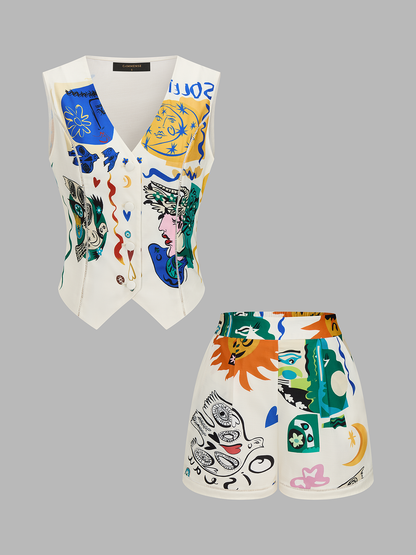 Abstract Art Print Vest & Shorts Set