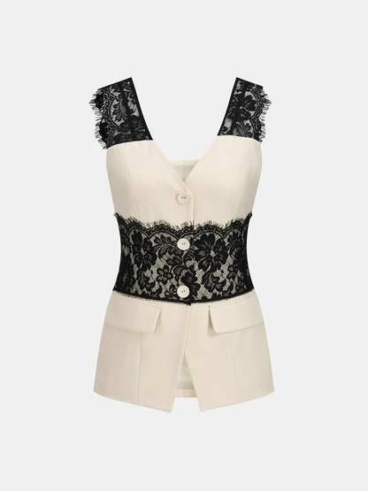 Lace Panel Sleeveless Vest & Pants Set