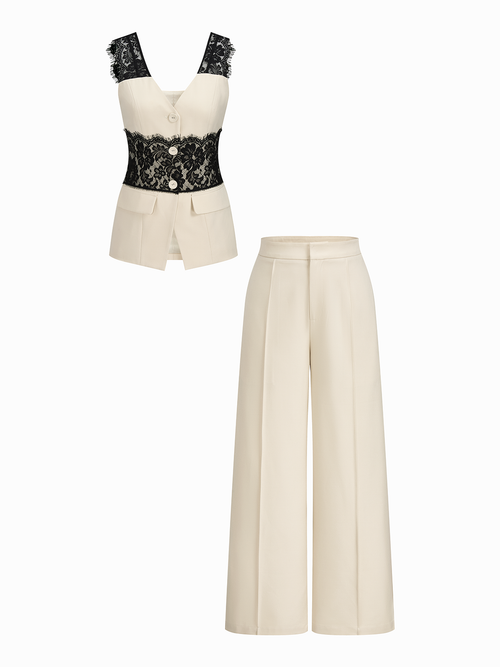 Lace Panel Sleeveless Vest & Pants Set