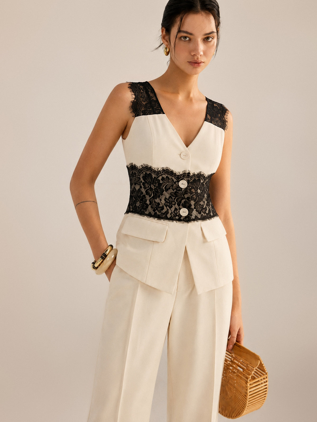 Lace Panel Sleeveless Vest & Pants Set