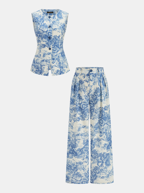 Toile Print Vest & Wide-Leg Pants Set