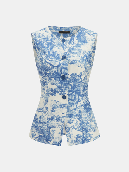 Toile Print Vest & Wide-Leg Pants Set