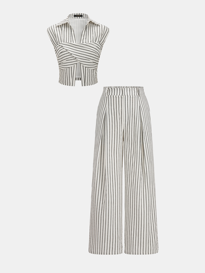 Cotton Striped Cross Wrap Top & Pants Set