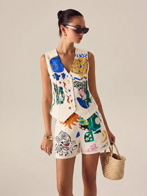 Abstract Art Print Vest & Shorts Set