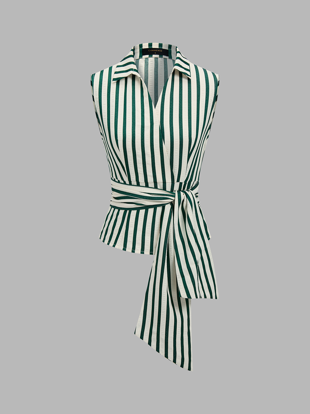 Collared Striped Tie Waist Sleeveless Blouse