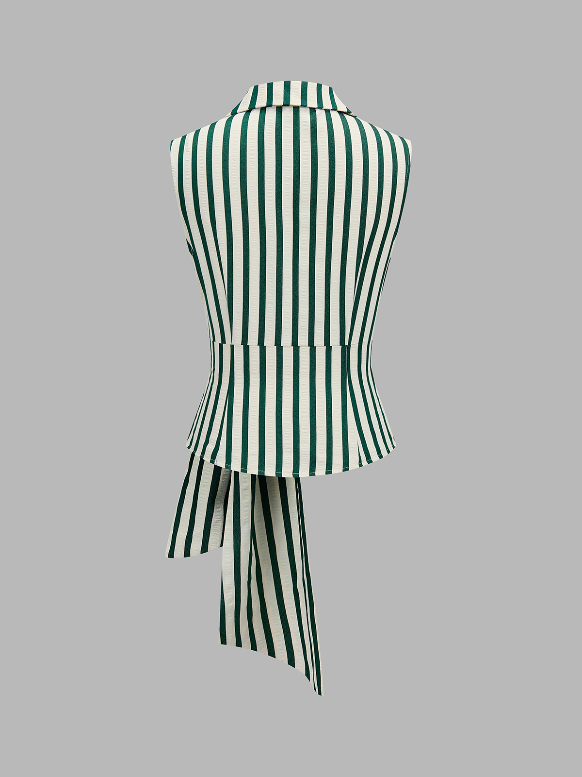 Collared Striped Tie Waist Sleeveless Blouse