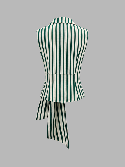 Collared Striped Tie Waist Sleeveless Blouse