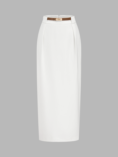 High Waist Belted Straight Midi Skirt