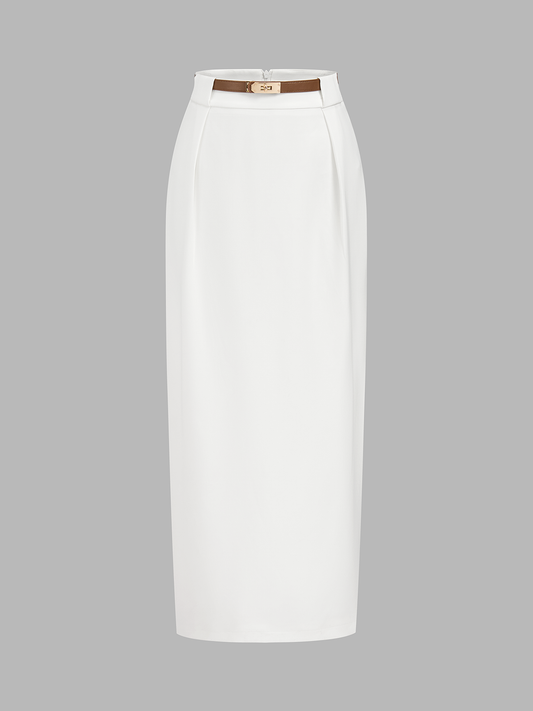 High Waist Belted Straight Midi Skirt