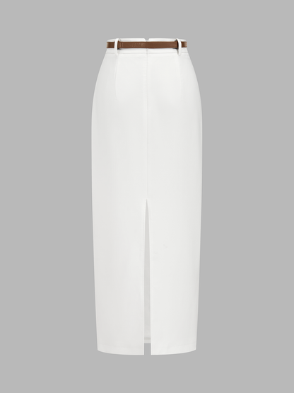 High Waist Belted Straight Midi Skirt