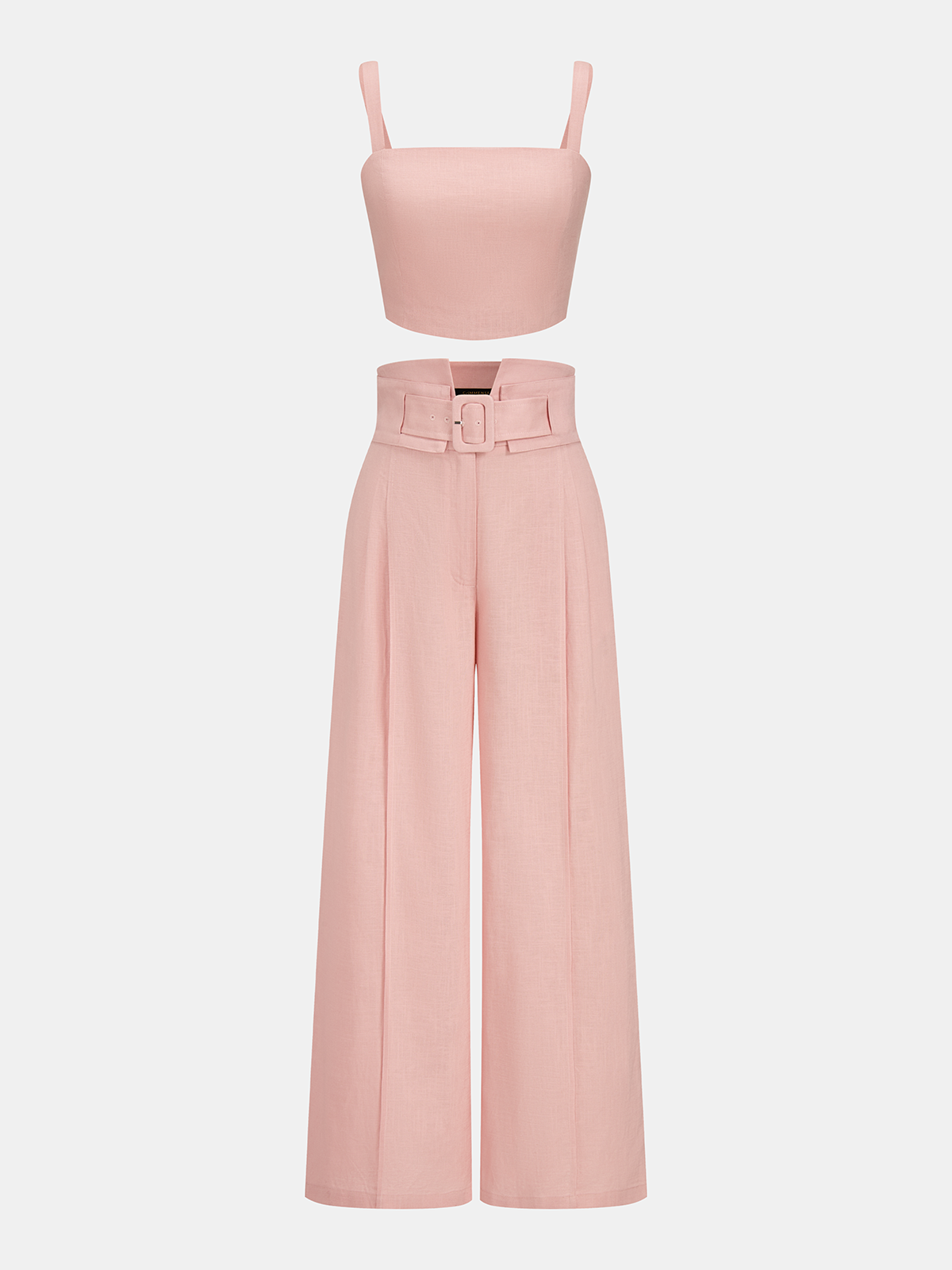 Linen Blend Crop Top & Buckle Detail Pants Set