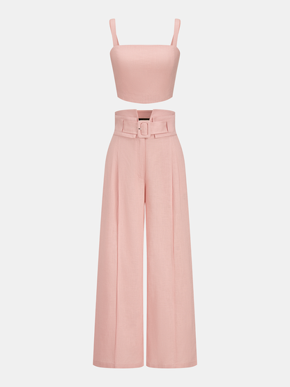 Linen Blend Crop Top & Buckle Detail Pants Set