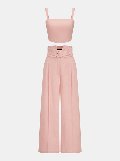 Linen Blend Crop Top & Buckle Detail Pants Set