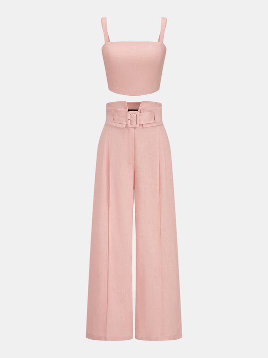 Linen Blend Crop Top & Buckle Detail Pants Set