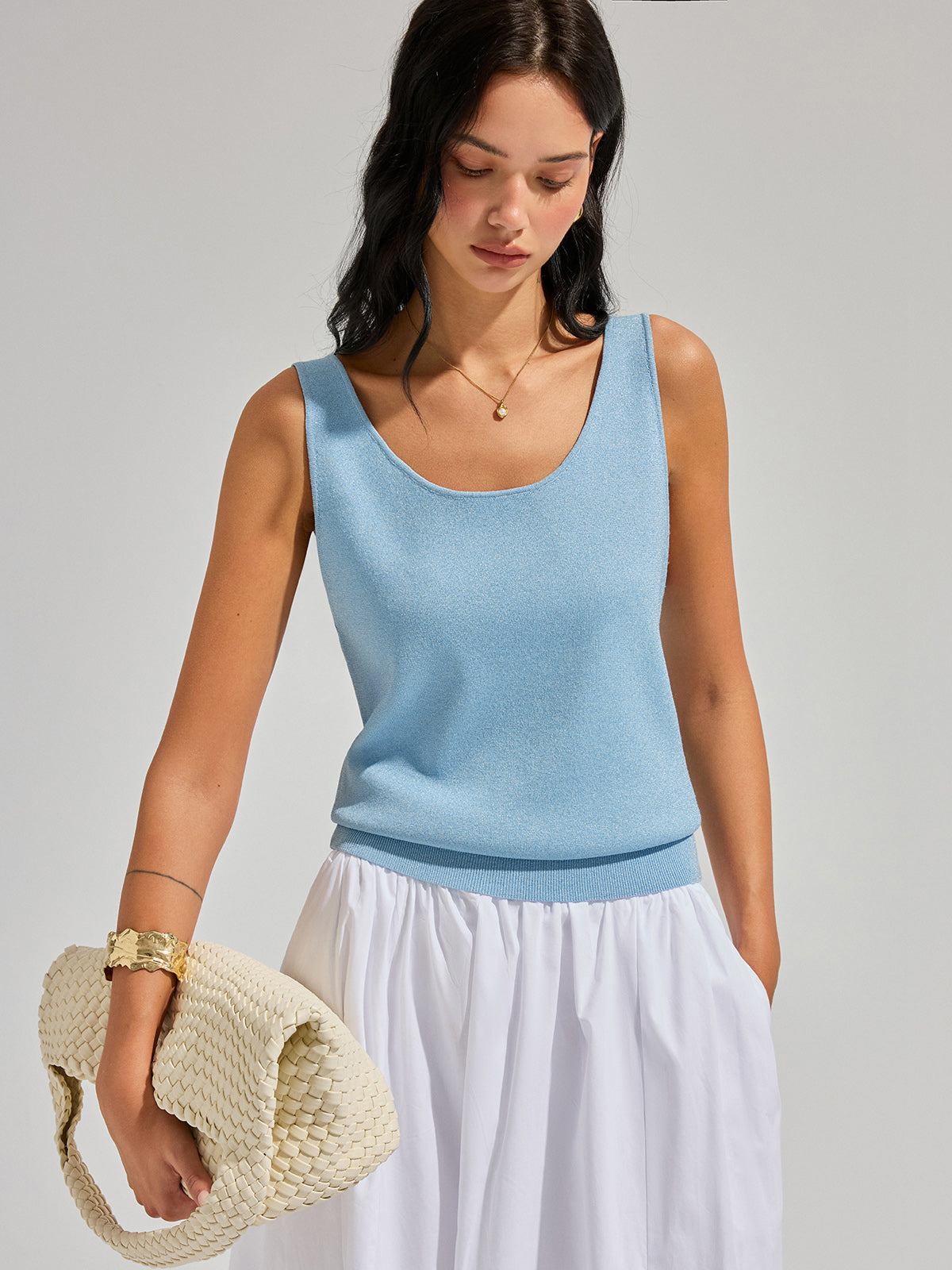 Lurex Knit Deep V-Back Tank Top