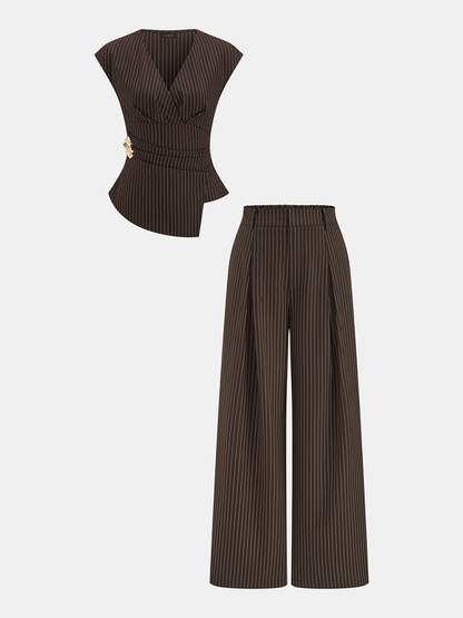 Pinstripe Sleeveless Blouse & Wide-Leg Pants Set