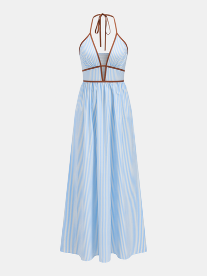 Deep V Neck Halter Striped Midi Dress