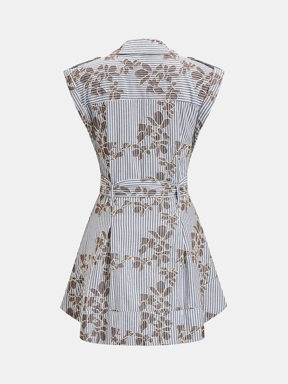 Belted Striped Floral Embroidered Shirt Dress