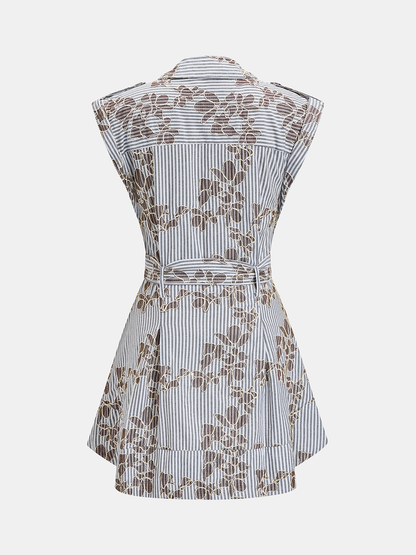 Belted Striped Floral Embroidered Shirt Dress