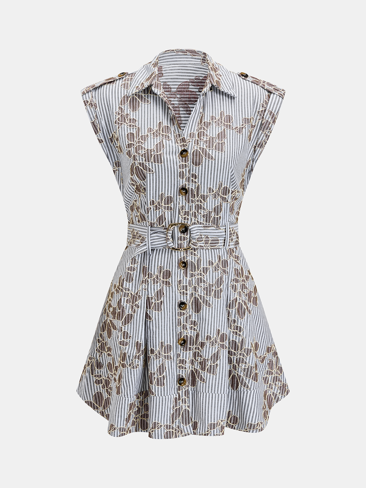 Belted Striped Floral Embroidered Shirt Dress