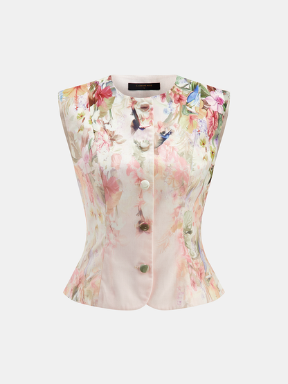 Watercolor Floral Print Vest & Pleated Shorts Set